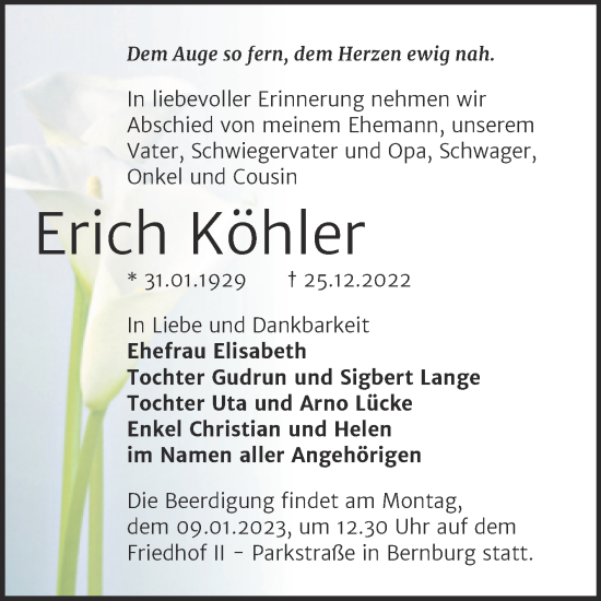 Traueranzeige von Irich Köhler von Trauerkombi Bernburg