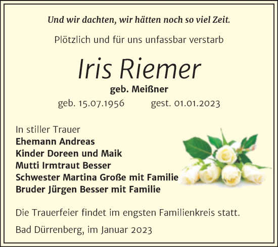Traueranzeige von Iris Riemer von Trauerkombi Merseburg