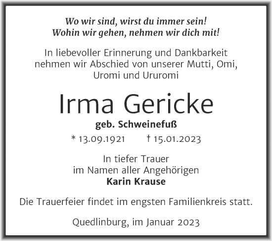 Traueranzeige von Irma Gericke von Trauerkombi Quedlinburg