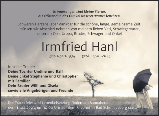 Traueranzeige von Irmfried Hanl von Trauerkombi Wittenberg
