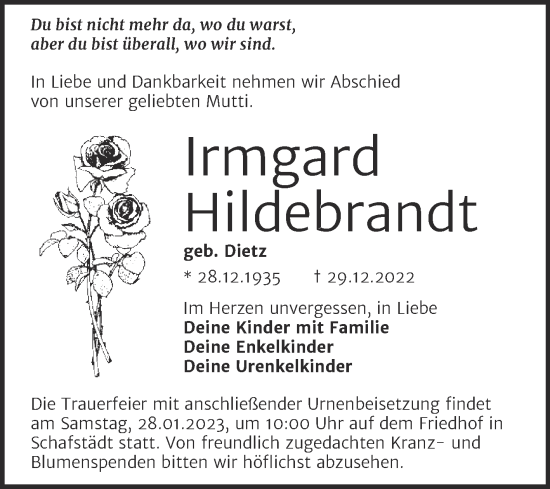 Traueranzeige von Irmgard Hildebrandt von Trauerkombi Merseburg