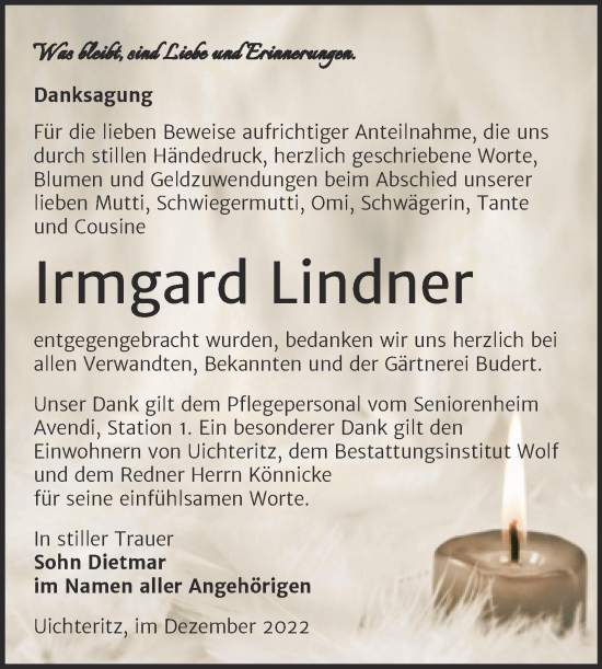 Traueranzeige von Irmgard Lindner von Trauerkombi Weißenfels