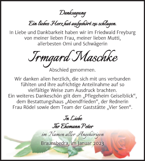 Traueranzeige von Irmgard Maschke von Trauerkombi Merseburg