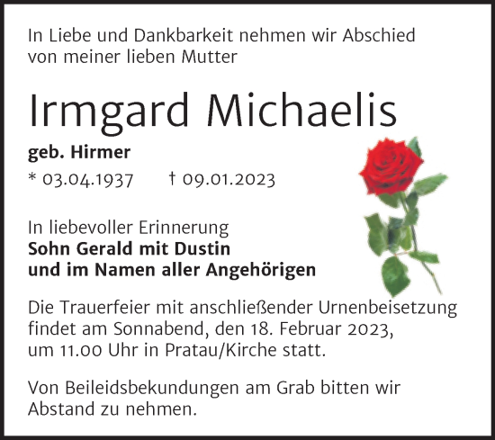 Traueranzeige von Irmgard Michaelis von Trauerkombi Wittenberg