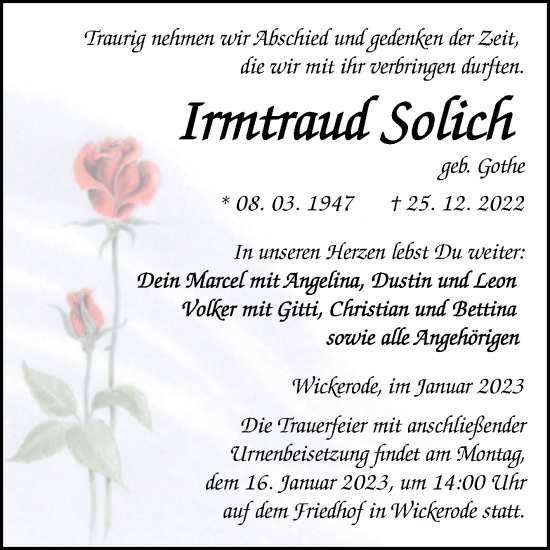 Traueranzeige von Irmtraud Solich von Trauerkombi Sangerhausen