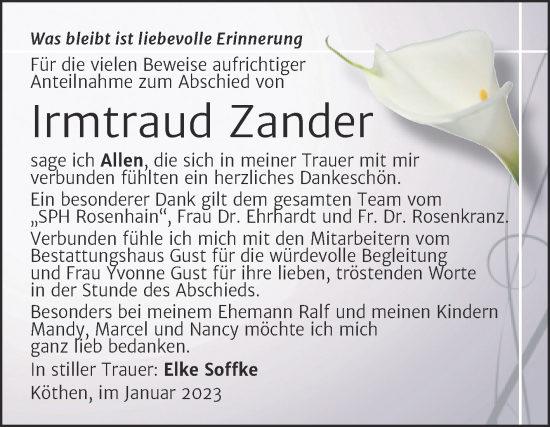 Traueranzeige von Irmtraud Zander von Trauerkombi Köthen