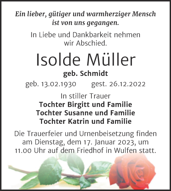 Traueranzeige von Isolde Müller von Trauerkombi Köthen