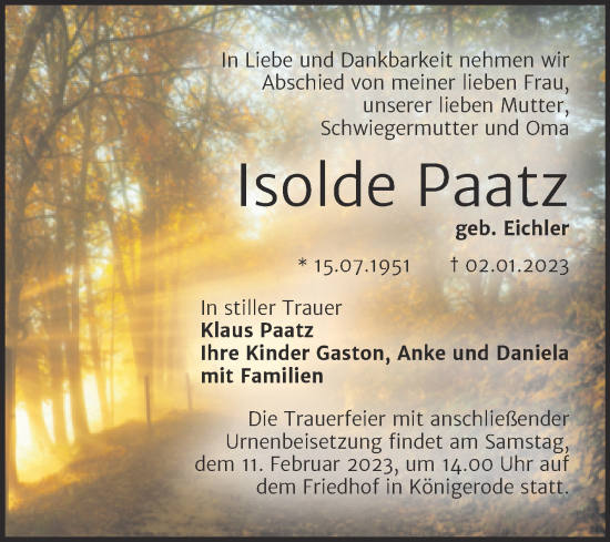 Traueranzeige von Isolde Paatz von Trauerkombi Quedlinburg