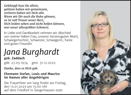 Traueranzeige von Jana Burghardt von Trauerkombi Sangerhausen