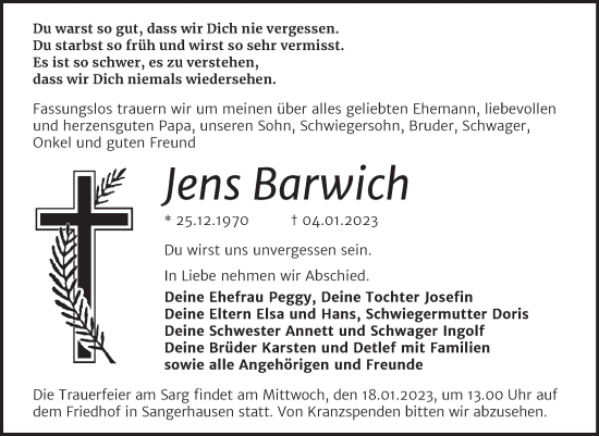 Traueranzeige von Jens Barwich von Trauerkombi Sangerhausen