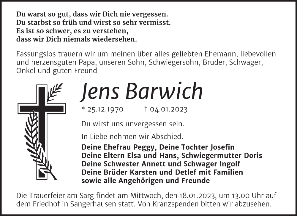  Traueranzeige für Jens Barwich vom 14.01.2023 aus Trauerkombi Sangerhausen