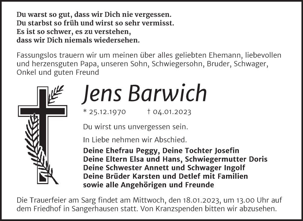  Traueranzeige für Jens Barwich vom 13.01.2023 aus Trauerkombi Sangerhausen