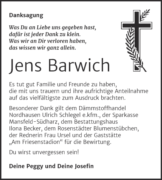 Traueranzeige von Jens Barwich von Trauerkombi Sangerhausen