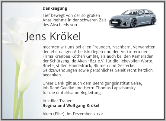 Traueranzeige von Jens Krökel von Trauerkombi Köthen