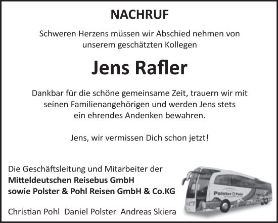 Traueranzeige von Jens Rafler von Mitteldeutsche Zeitung Halle/Saalkreis