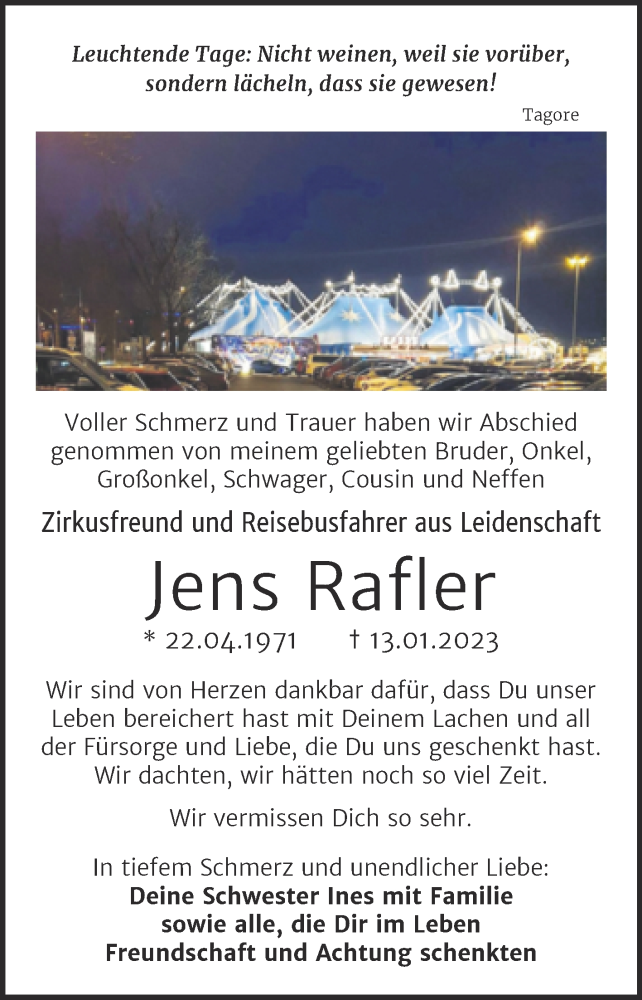  Traueranzeige für Jens Rafler vom 28.01.2023 aus Mitteldeutsche Zeitung Halle/Saalkreis