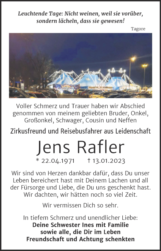 Traueranzeige von Jens Rafler von Mitteldeutsche Zeitung Halle/Saalkreis