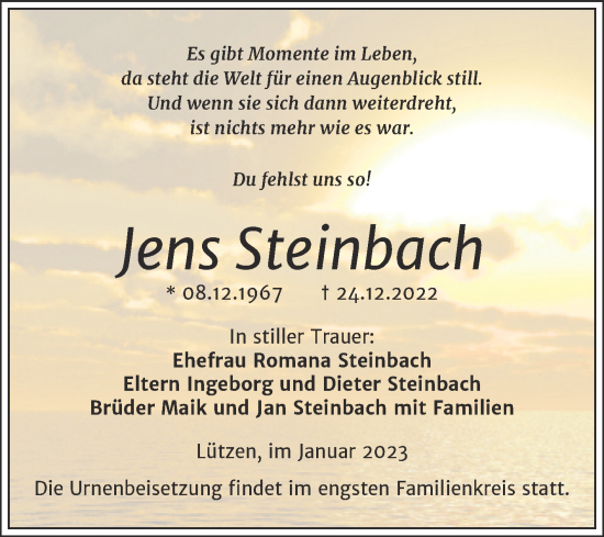 Traueranzeige von Jens Steinbach von Trauerkombi Weißenfels