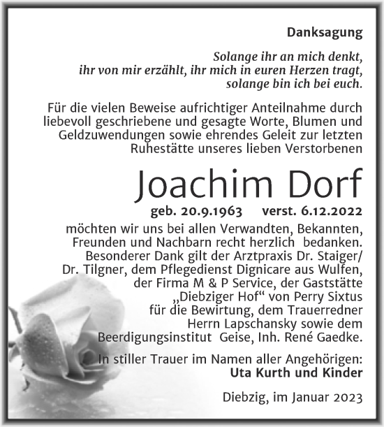Traueranzeige von Joachim Dorf von Trauerkombi Köthen