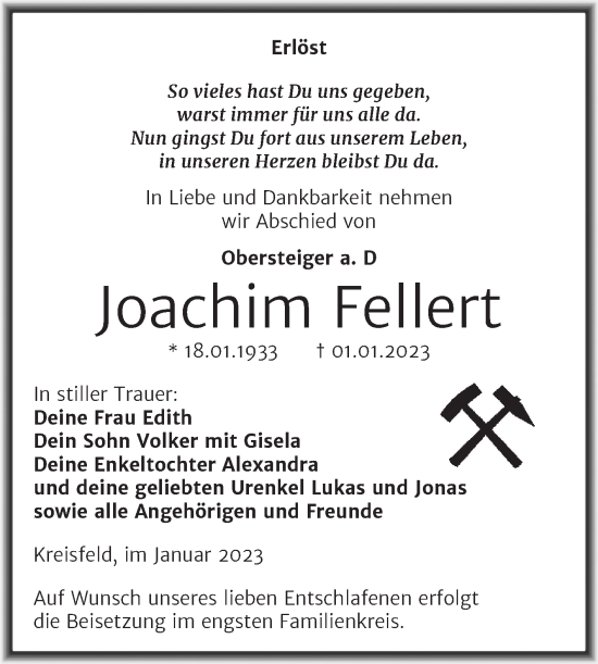 Traueranzeige von Joachim Fellert von Trauerkombi Mansfelder Land