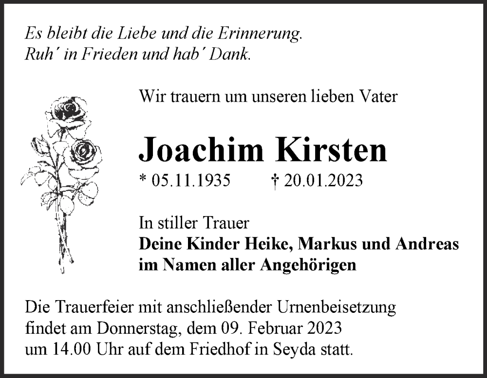  Traueranzeige für Joachim Kirsten vom 28.01.2023 aus Trauerkombi Wittenberg