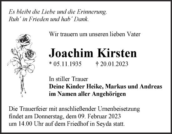 Traueranzeige von Joachim Kirsten von Trauerkombi Wittenberg