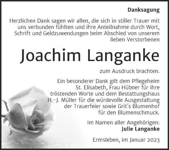 Traueranzeige von Joachim Langanke von Trauerkombi Quedlinburg
