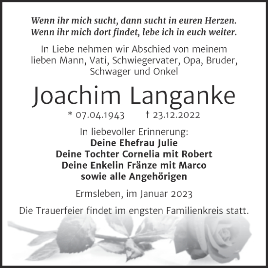 Traueranzeige von Joachim Langanke von Wochenspiegel Quedlingburg