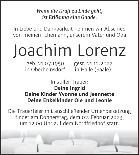 Traueranzeige von Joachim Lorenz von Mitteldeutsche Zeitung Halle/Saalkreis