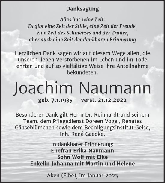 Traueranzeige von Joachim Naumann von Trauerkombi Köthen