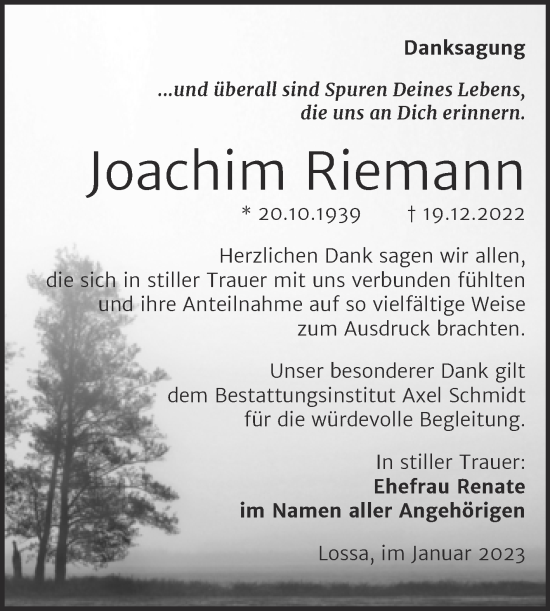 Traueranzeige von Joachim Riemann von Naumburger Tageblatt
