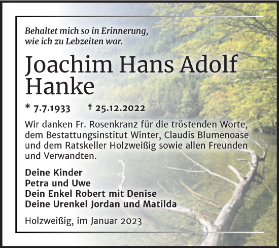 Traueranzeige von Joachim Hans Adolf Hanke von Trauerkombi Bitterfeld