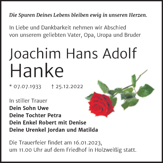 Traueranzeige von Joachim Hans Adolf Hanke von Trauerkombi Bitterfeld