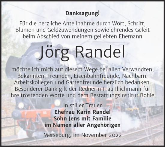 Traueranzeige von Jörg Randel von Trauerkombi Merseburg