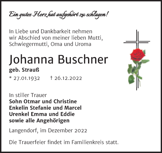 Traueranzeige von Johanna Buschner von Trauerkombi Zeitz