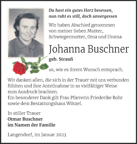 Traueranzeige von Johanna Buschner von Trauerkombi Zeitz