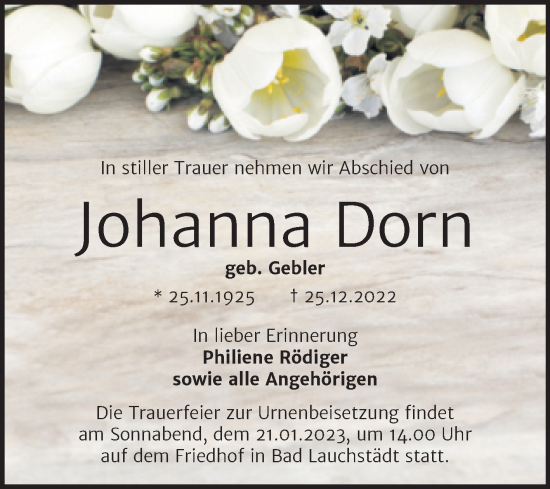Traueranzeige von Johanna Dorn von Trauerkombi Merseburg