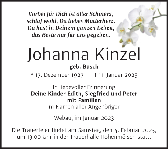 Traueranzeige von Johanna Kinzel von Trauerkombi Weißenfels