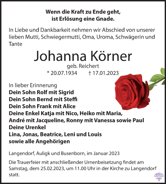 Traueranzeige von Johanna Körner von Trauerkombi Zeitz
