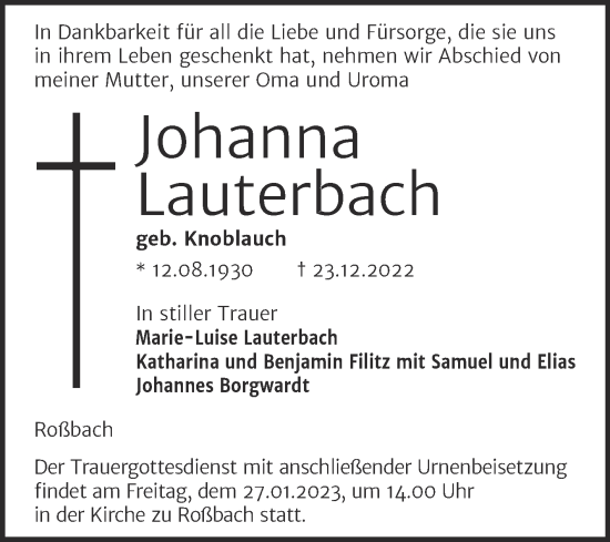 Traueranzeige von Johanna Lauterbach von Naumburger Tageblatt