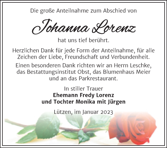 Traueranzeige von Johanna Lorenz von Trauerkombi Weißenfels