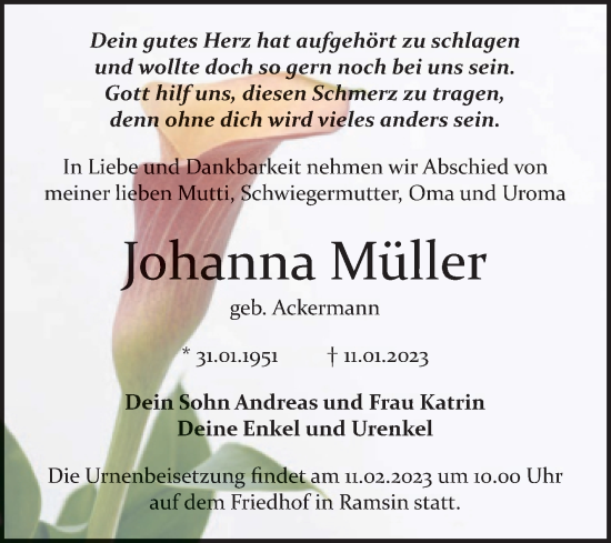 Traueranzeige von Johanna Müller von Trauerkombi Bitterfeld