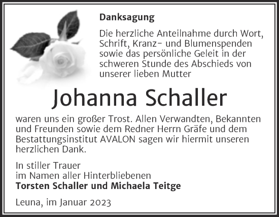 Traueranzeige von Johanna Schaller von Trauerkombi Merseburg