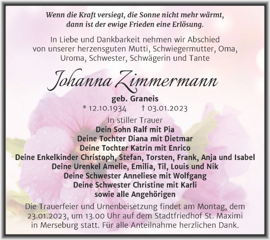 Traueranzeige von Johanna Zimmermann von Trauerkombi Merseburg