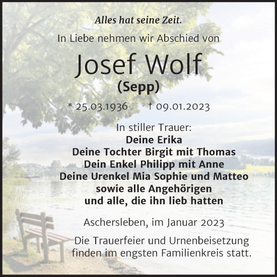 Traueranzeige von Josef Wolf von Trauerkombi Aschersleben