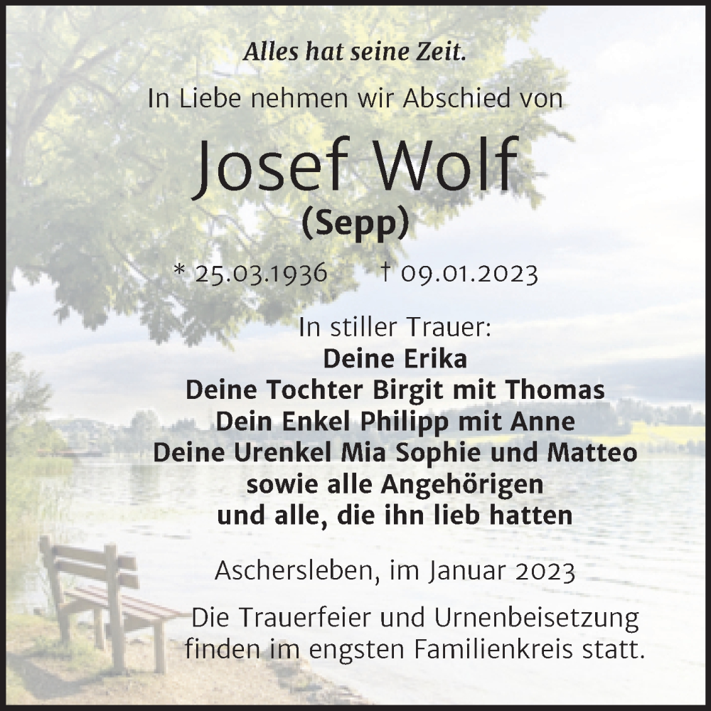  Traueranzeige für Josef Wolf vom 14.01.2023 aus Trauerkombi Aschersleben