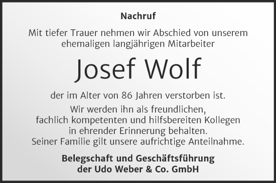 Traueranzeige von Josef Wolf von Super Sonntag Aschersleben