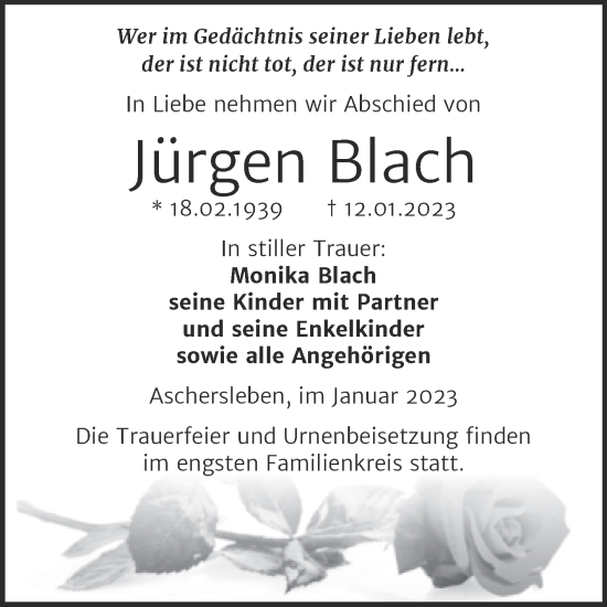 Traueranzeige von Jürgen Blach von Trauerkombi Aschersleben