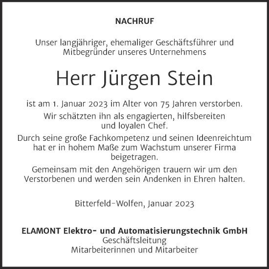 Traueranzeige von Jürgen Stein von Mitteldeutsche Zeitung Bitterfeld