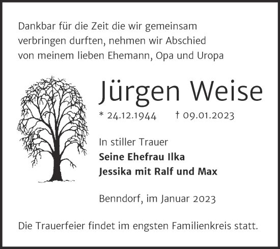 Traueranzeige von Jürgen Weise von Trauerkombi Mansfelder Land